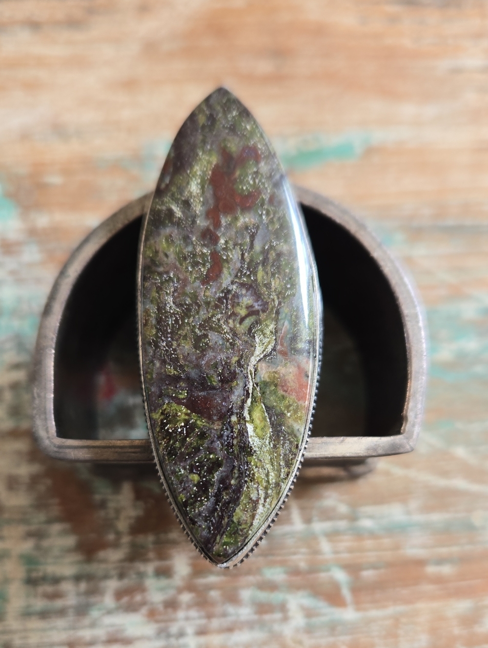 Vintage Sterling Silver 925 Green Jasper Ring Sz 10 2" Marquis. (BIN 008)